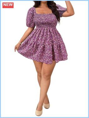 Plus Size Floral Smocked Ruffle A-Line Short Summer Dress